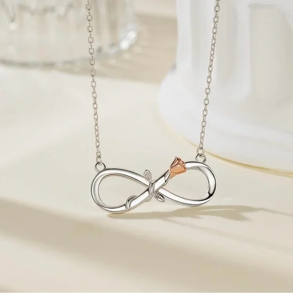ELEGANT STERLING SILVER 925 INFINITY NECKLACE WITH ROSE GOLD FLOWER - Picture 2 of 4